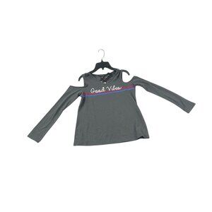 Love Alexa Girls Cold Shoulder Top Good Vibes L Gray Long Sleeve Stretch Casual